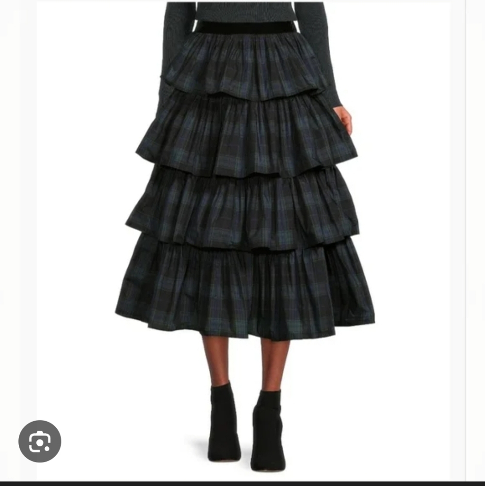 Antonio Melani Tiered Ruffle Green Plaid Midi Skirt, Size 4